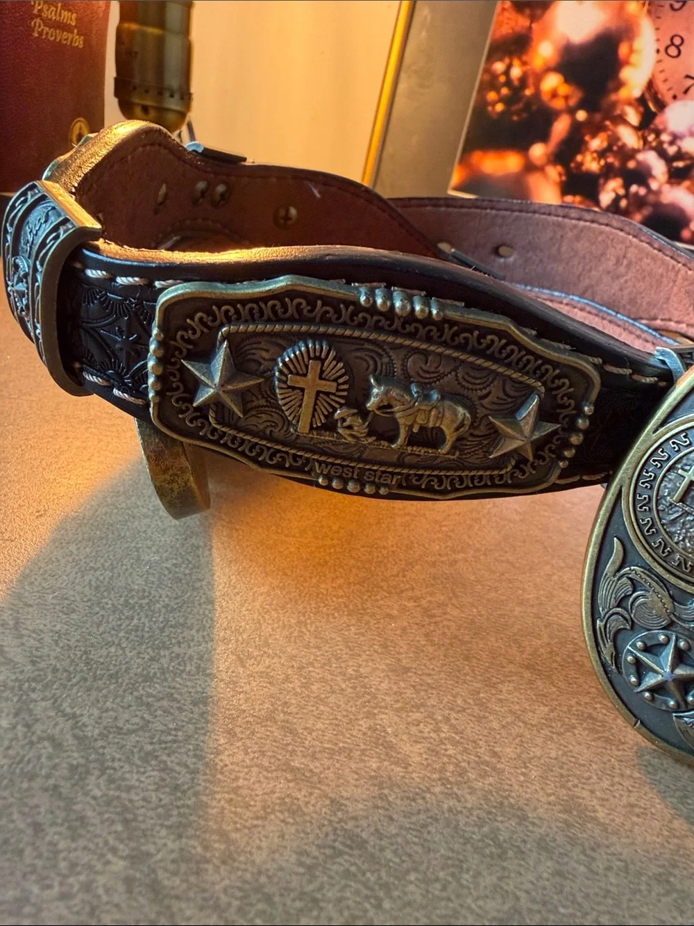 NWOT West Star Texas Western Brown Leather Belt with Ornate Antique Brass Buckle